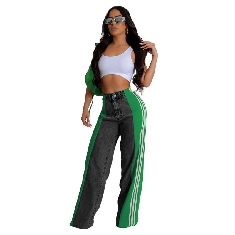 Black-Green Striped Casual Wide Leg Denim Women High Waist Stretch Straight Jeans Pants