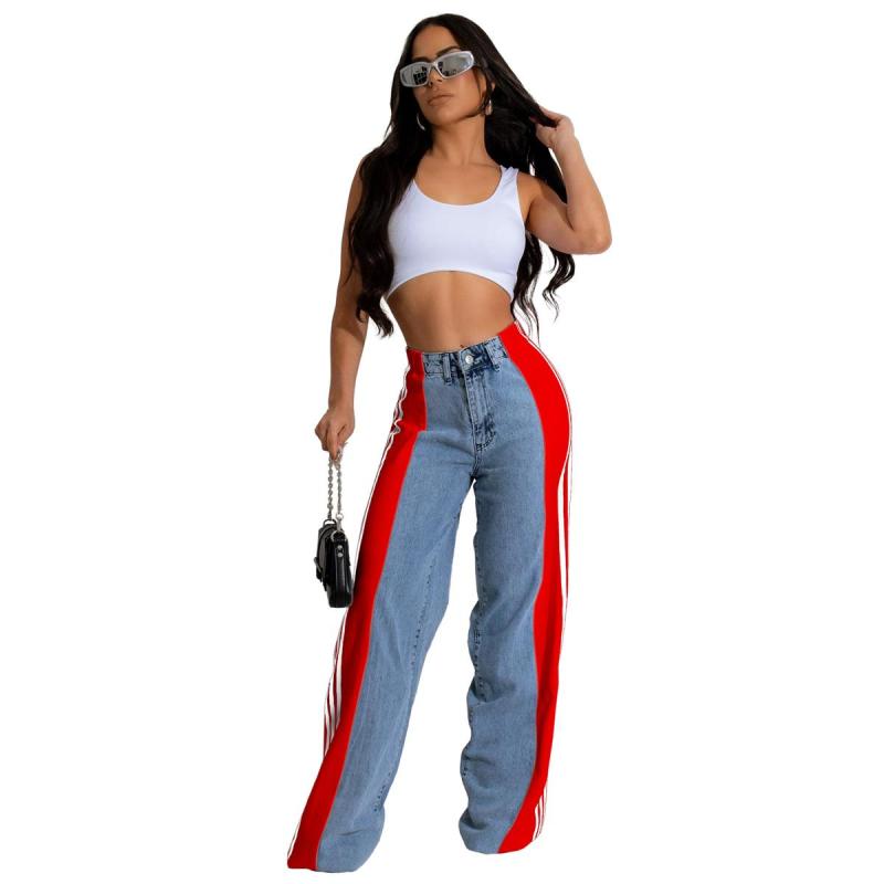 Blue-Red Striped Casual Wide Leg Denim Women High Waist Stretch Straight Jeans Pants