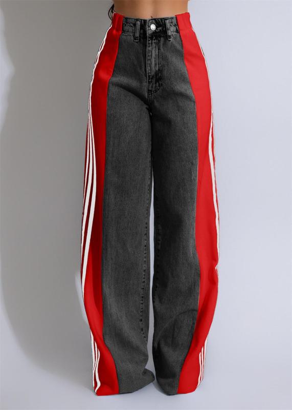 Black-Red Striped Casual Wide Leg Denim Women High Waist Stretch Straight Jeans Pants