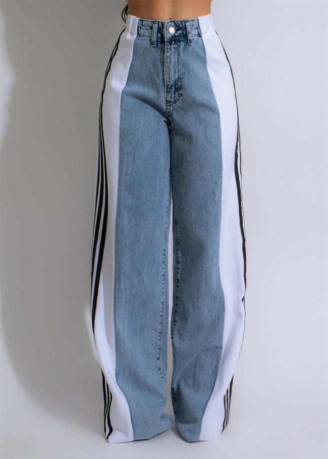 Blue-White Striped Casual Wide Leg Denim Women High Waist Stretch Straight Jeans Pants