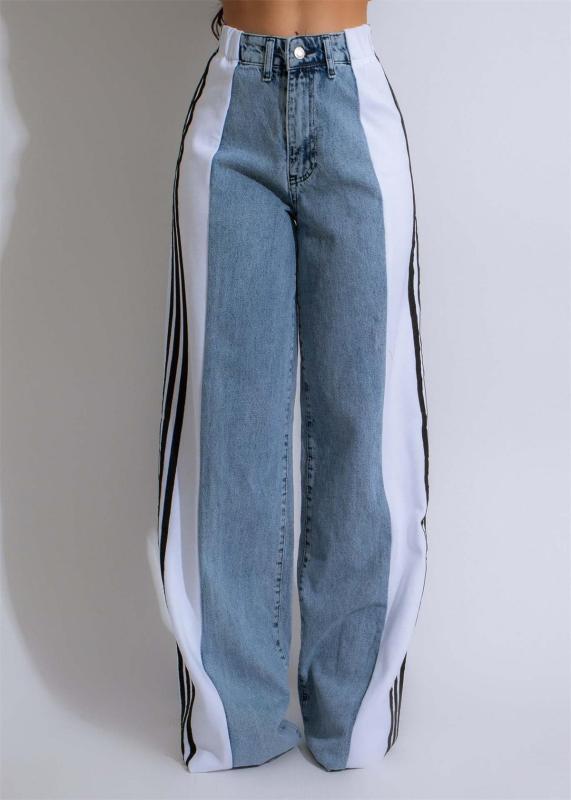 Blue-White Striped Casual Wide Leg Denim Women High Waist Stretch Straight Jeans Pants