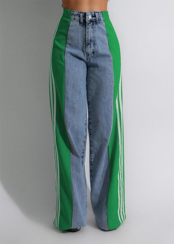 Blue-Green Striped Casual Wide Leg Denim Women High Waist Stretch Straight Jeans Pants