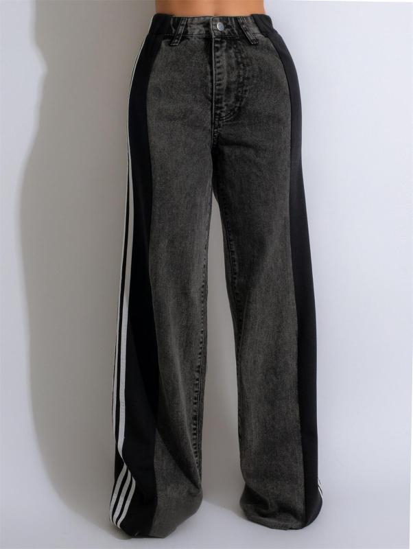 Black Striped Casual Wide Leg Denim Women High Waist Stretch Straight Jeans Pants
