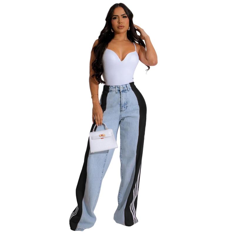 LightBlue-Black Striped Casual Wide Leg Denim Women High Waist Stretch Straight Jeans Pants