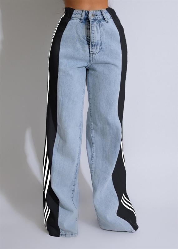 LightBlue-Black Striped Casual Wide Leg Denim Women High Waist Stretch Straight Jeans Pants