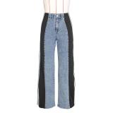 Blue-Black Striped Casual Wide Leg Denim Women High Waist Stretch Straight Jeans Pants
