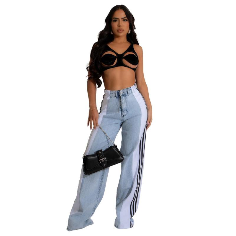 LightBlue-White Striped Casual Wide Leg Denim Women High Waist Stretch Straight Jeans Pants