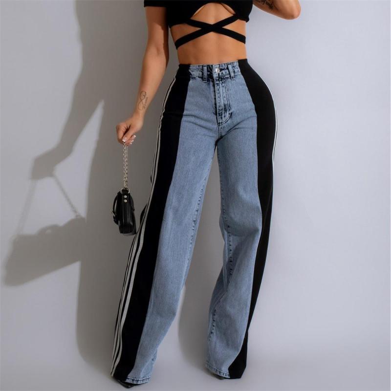 Blue-Black Striped Casual Wide Leg Denim Women High Waist Stretch Straight Jeans Pants
