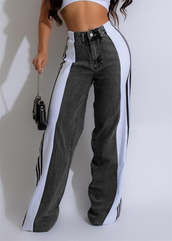 Black-White Striped Casual Wide Leg Denim Women High Waist Stretch Straight Jeans Pants