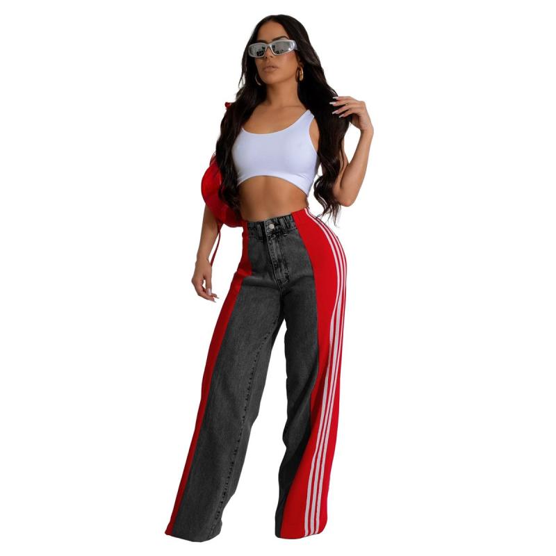 Black-Red Striped Casual Wide Leg Denim Women High Waist Stretch Straight Jeans Pants