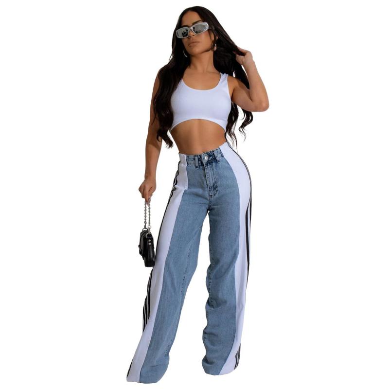 Blue-White Striped Casual Wide Leg Denim Women High Waist Stretch Straight Jeans Pants