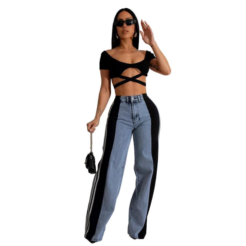 Blue-Black Striped Casual Wide Leg Denim Women High Waist Stretch Straight Jeans Pants