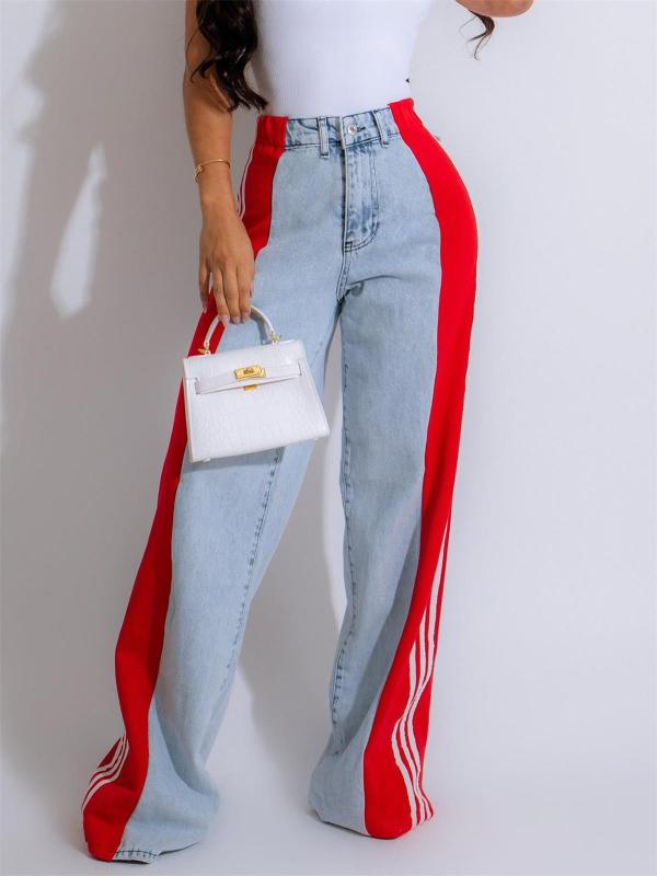 LightBlue-Red Striped Casual Wide Leg Denim Women High Waist Stretch Straight Jeans Pants
