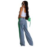 Blue-Green Striped Casual Wide Leg Denim Women High Waist Stretch Straight Jeans Pants