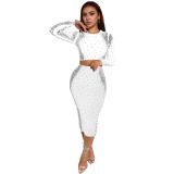 White Long Sleeve Rhinestone Tops Bodycon Sexy Party Midi Dress