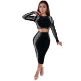 Black Long Sleeve Rhinestone Tops Bodycon Sexy Party Midi Dress