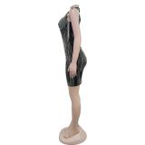 Black Sleeveless  Low Cut V Neck Rhinestones Pearls Luxury Women Bodycon Midi Dress