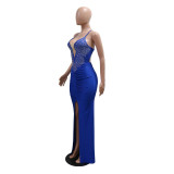 Blue Deep V Neck Straps Rhinestones Elegant Pleats Evening Maxi Dress