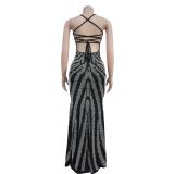 Black Straps Rhinestones Back Lace Up Sexy Evening Prom Party Long Dress