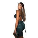 Green Sequins Straps Sexy Crop Tops Lace Up Bodycon Club Party Mini Dress