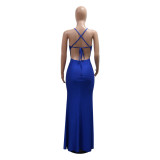 Blue Deep V Neck Straps Rhinestones Elegant Pleats Evening Maxi Dress