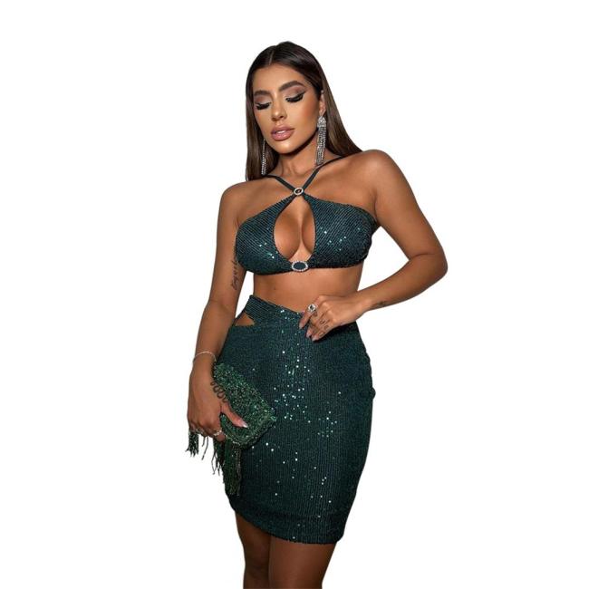 Green Sequins Straps Sexy Crop Tops Lace Up Bodycon Club Party Mini Dress