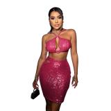 Red Sequins Straps Sexy Crop Tops Lace Up Bodycon Club Party Mini Dress