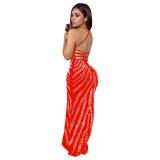 Red Straps Rhinestones Back Lace Up Sexy Evening Prom Party Long Dress
