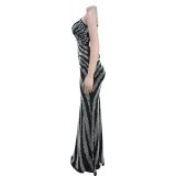 Black Straps Rhinestones Back Lace Up Sexy Evening Prom Party Long Dress