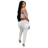 White Velvet Diamonds Halter Crop Top Bodycon Women Sexy Party Pant Sets