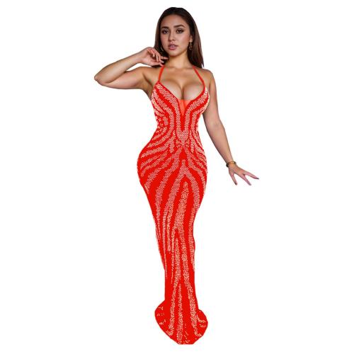 Red Straps Rhinestones Back Lace Up Sexy Evening Prom Party Long Dress