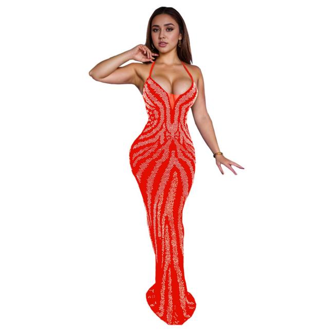 Red Straps Rhinestones Back Lace Up Sexy Evening Prom Party Long Dress