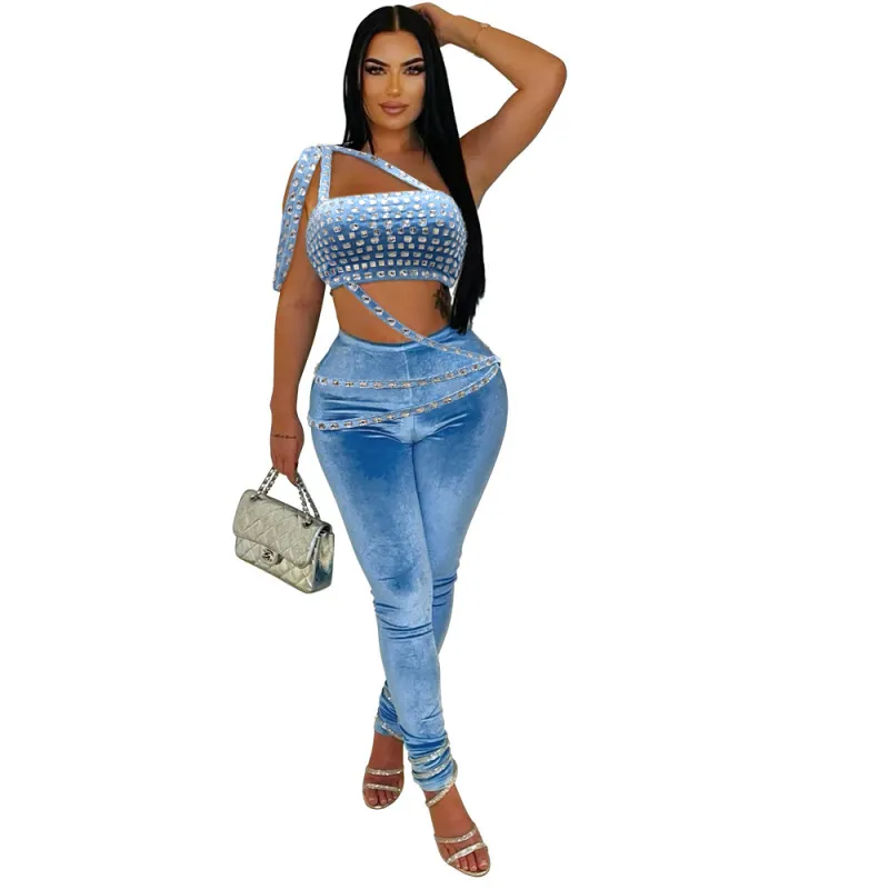 Sky Blue Velvet Diamonds Halter Crop Top Bodycon Women Sexy Party Pant Sets