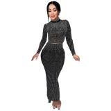 Black Two Pieces Long Sleeve Diamonds Top Bodycon Sexy Skirt Sets Dress