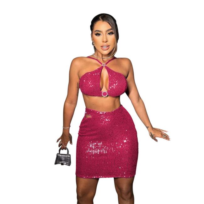Red Sequins Straps Sexy Crop Tops Lace Up Bodycon Club Party Mini Dress