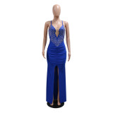 Blue Deep V Neck Straps Rhinestones Elegant Pleats Evening Maxi Dress