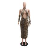 Khaki Leopards Sequins Backless Sexy Straps Bodycon Midi Dress