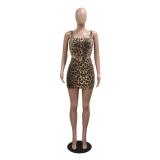 Khaki Leopards Two Pieces Sequined Sexy Party Skirt Dress Sets
