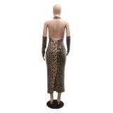 Khaki Leopards Sequins Backless Sexy Straps Bodycon Midi Dress