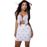 White Sleeveless Straps Crop Tops Rhinestones Sexy Skirt Dress Sets