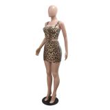Khaki Leopards Two Pieces Sequined Sexy Party Skirt Dress Sets