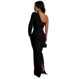 Black One Sleeve Hollow Out 3D Flowers Pearls Bodycon Long Dress