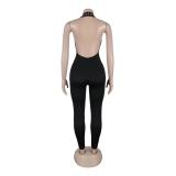 Black Halter Deep V Neck Rhinestones Bodycon Lace Up Sexy Jumpsuits