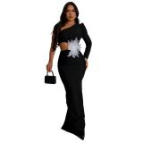 Black One Sleeve Hollow Out 3D Flowers Pearls Bodycon Long Dress
