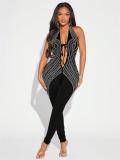 Black Halter Deep V Neck Rhinestones Bodycon Lace Up Sexy Jumpsuits