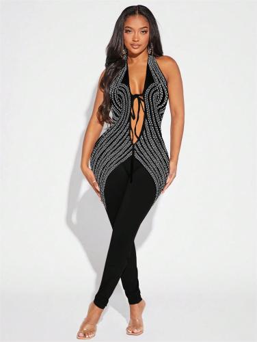 Black Halter Deep V Neck Rhinestones Bodycon Lace Up Sexy Jumpsuits