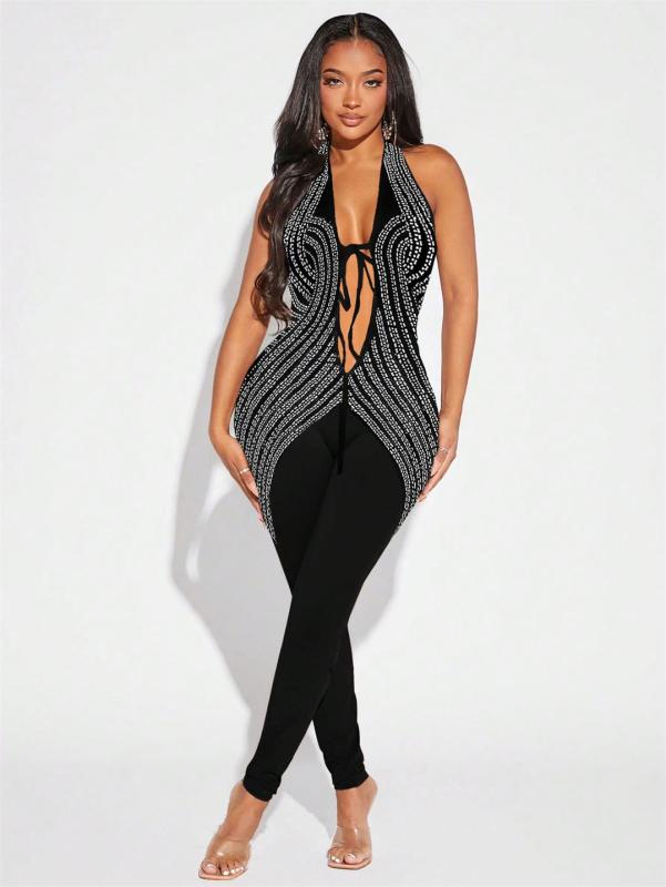 Black Halter Deep V Neck Rhinestones Bodycon Lace Up Sexy Jumpsuits