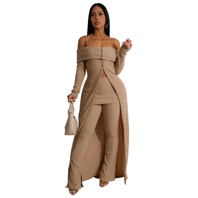 Khaki Off Shoulder Straps Cotton Striped Tops Wide Leg Fashion Casual Women Pant Sets