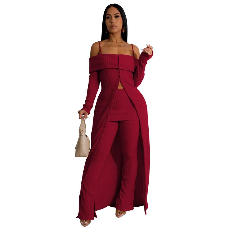 Claret Off Shoulder Straps Cotton Striped Tops Wide Leg Fashion Casual Women Pant Sets