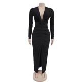 Black Deep V Neck Long Sleeve Pleated Party Office Midi Dress